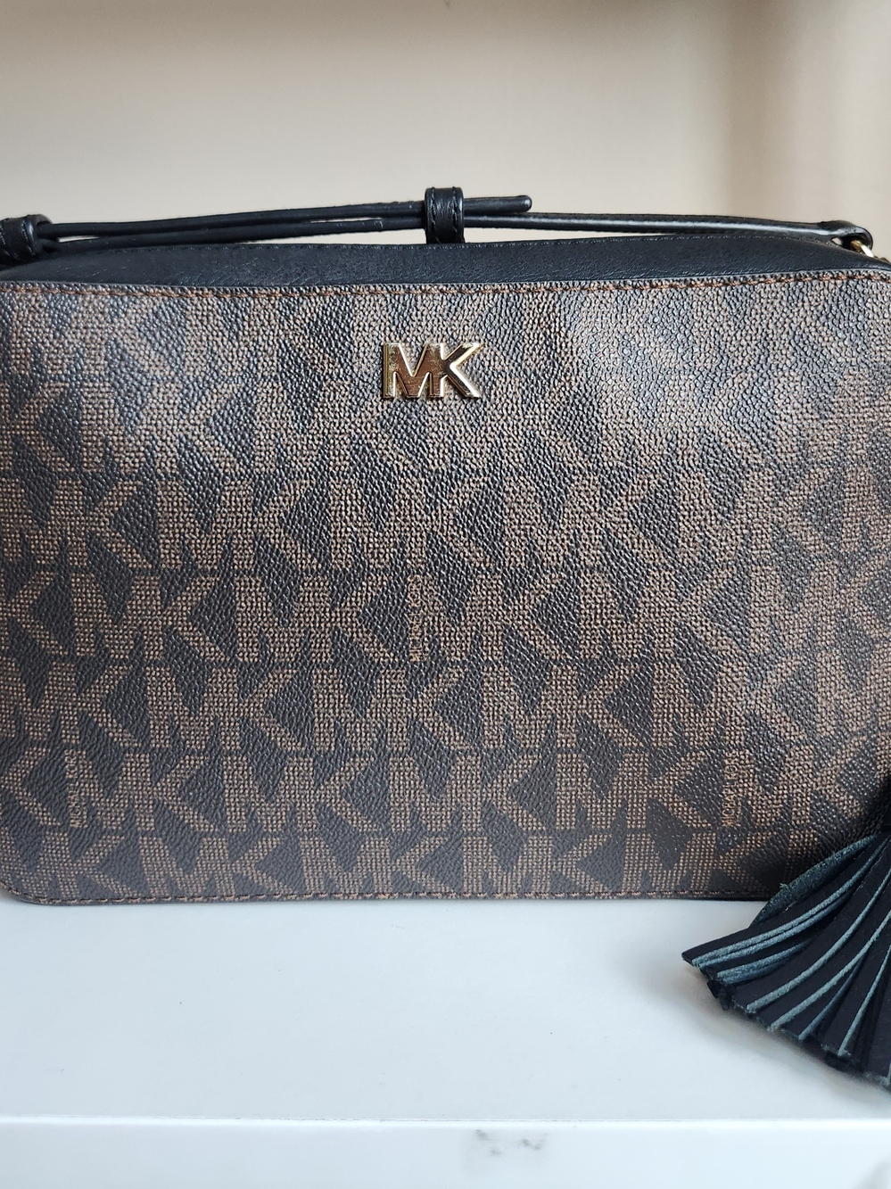 Michael Kors Brown Monogram Crossbody with Gold MK Emblem
